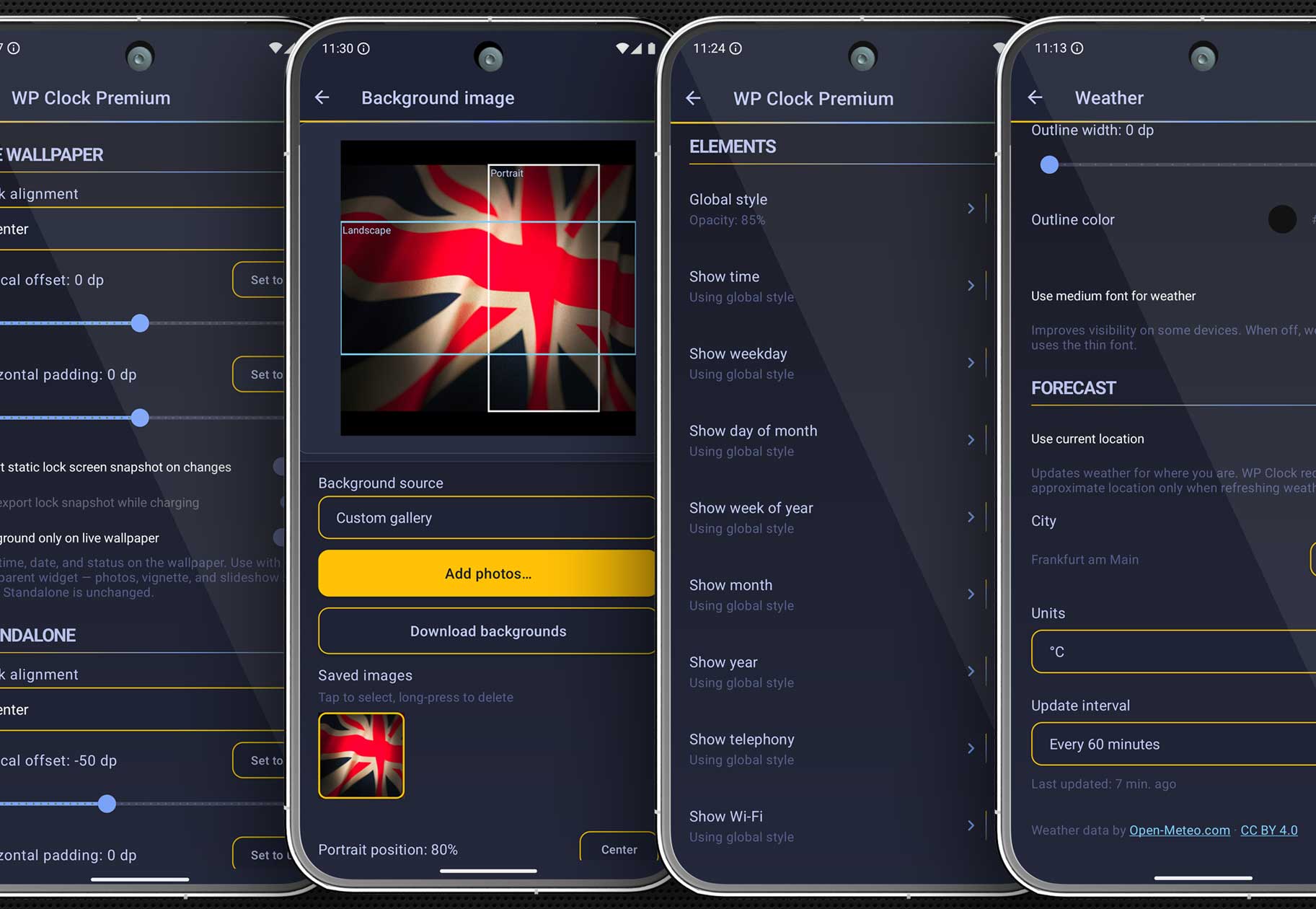 WP Clock settings screens for layout, background image, elements, and weather