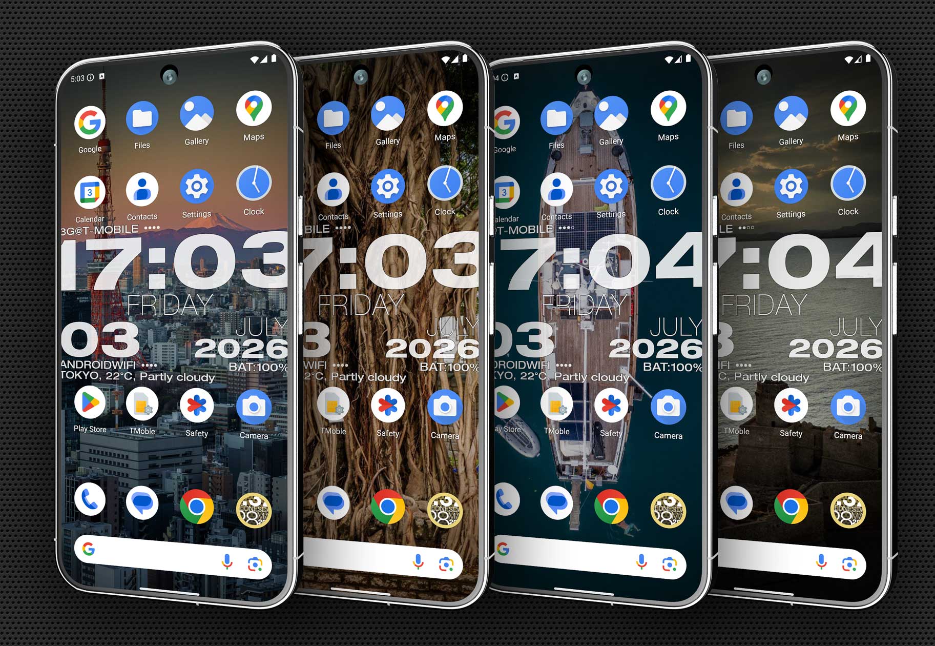 Four Android phones running WP Clock with different photo backgrounds