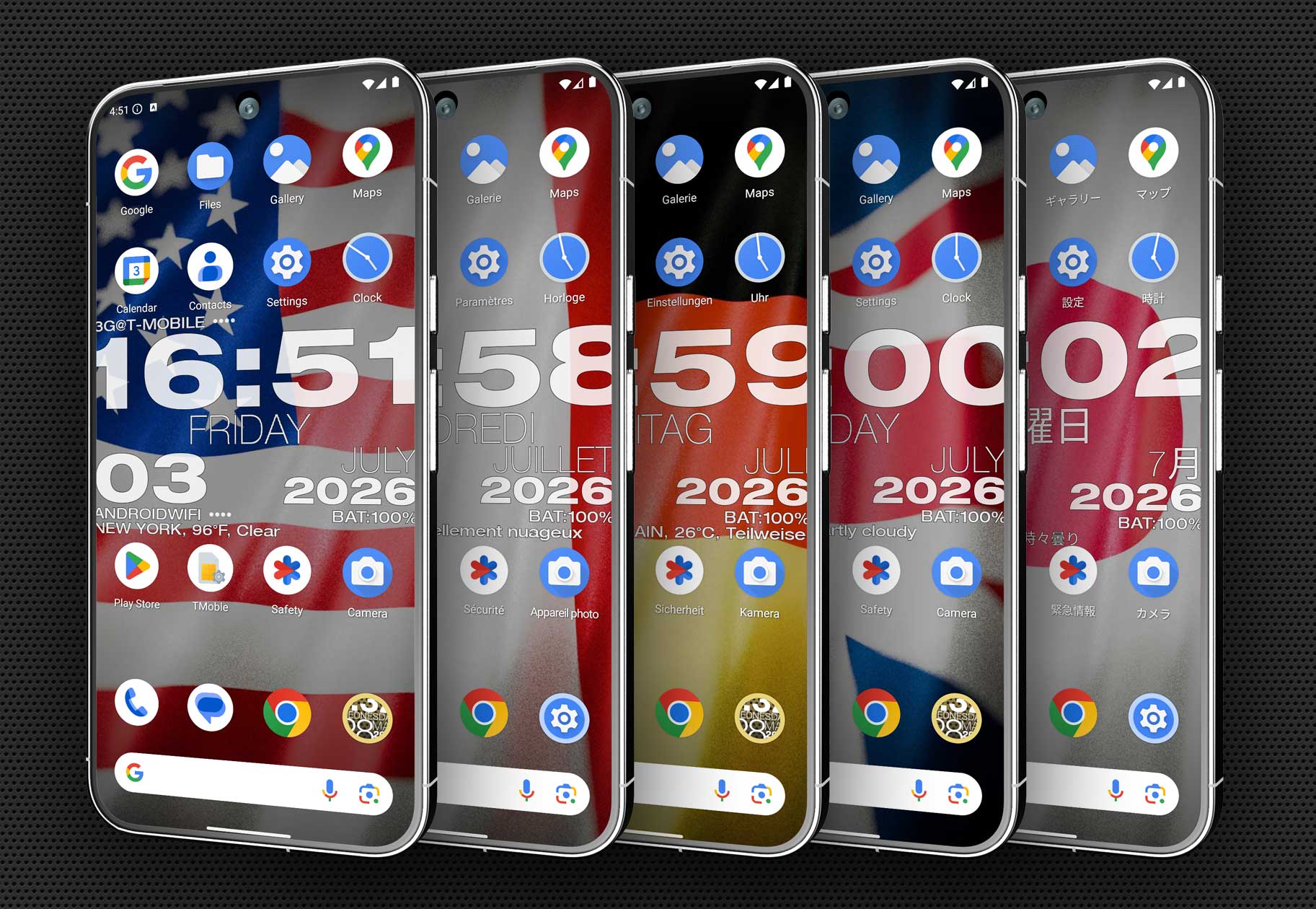 Five phones showing WP Clock with country flag presets in several languages