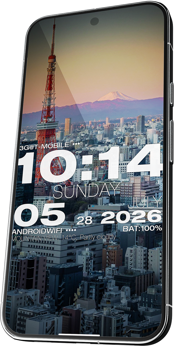 WP Clock on an Android phone over a Tokyo skyline photo background