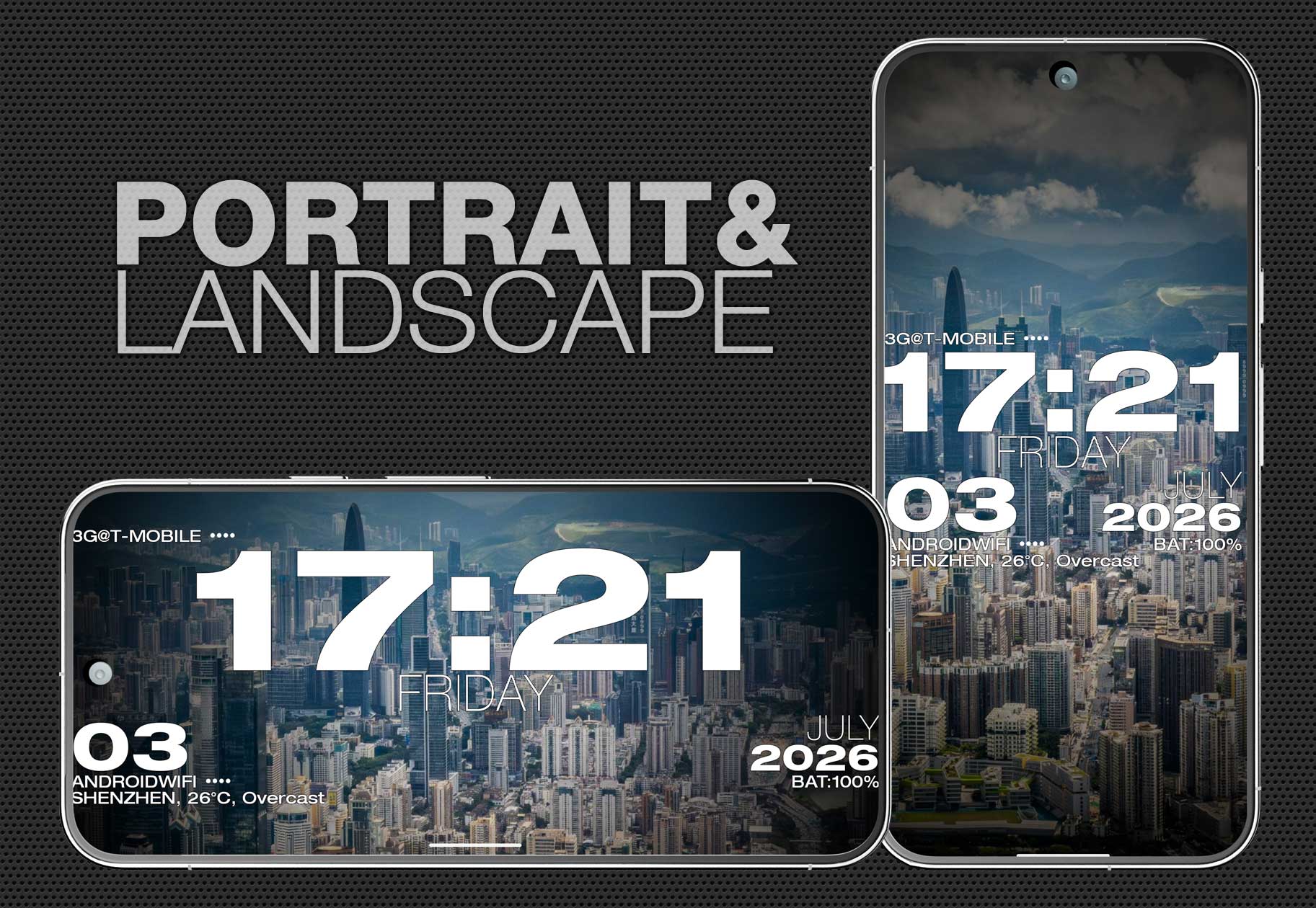 WP Clock live wallpaper in portrait and landscape over a city skyline
